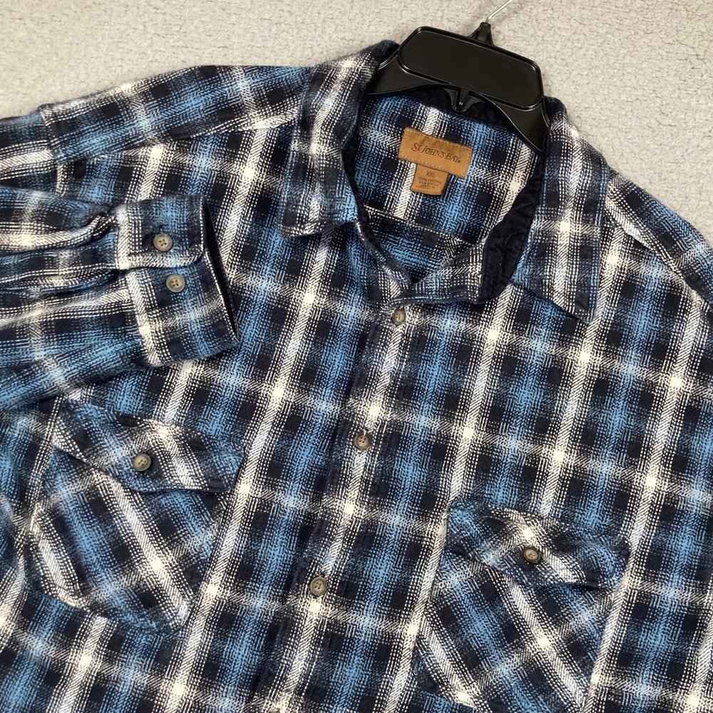 St. Johns Bay Flannel Shirt Mens XXL Blue Black Plaid Heavyweight Cotton Button